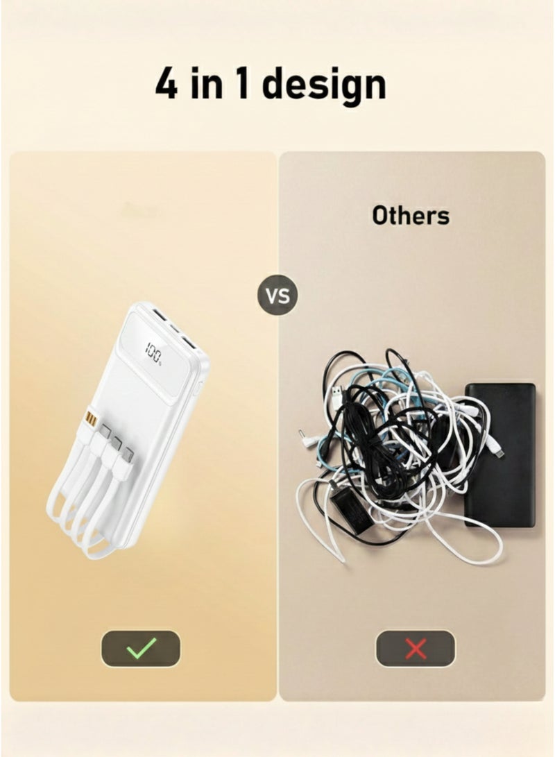 Levino Power Bank 10000mAh 22.5W Fast Charging, Flight Approved Lightweight Portable Powerbank with 4 Built-in Cables (USB, Type-C, Lightning, Mini USB), 2 USB + Type-C Port, Overheat Protection & Auto Charging Stop, Universal Fast Charger – White - Image 4